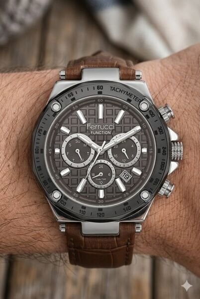 Ferrucci Erkek Kol Saati | 44 mm Çelik Kasa, Açık Kahverengi Deri Kordon, Gri Kadran