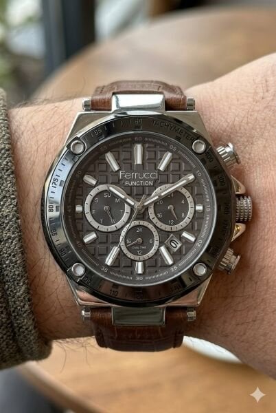 Ferrucci Erkek Kol Saati | 44 mm Çelik Kasa, Açık Kahverengi Deri Kordon, Gri Kadran