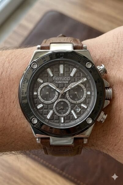 Ferrucci Erkek Kol Saati | 44 mm Çelik Kasa, Açık Kahverengi Deri Kordon, Gri Kadran