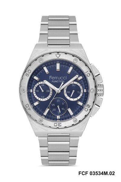 Ferrucci Gümüş Renk Erkek Kol Saati | 45 mm Çelik Kasa, Gümüş Metal Kordon, Lacivert Kadran