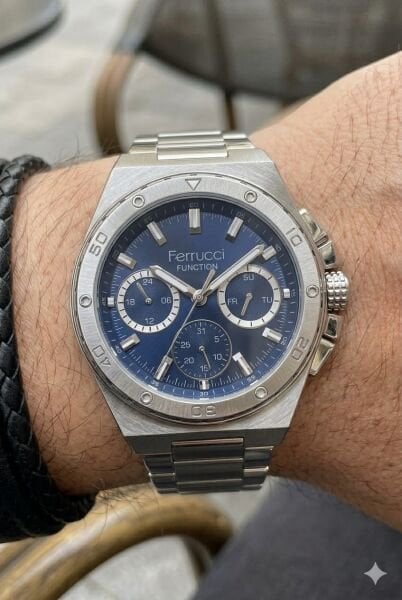 Ferrucci Gümüş Renk Erkek Kol Saati | 45 mm Çelik Kasa, Gümüş Metal Kordon, Lacivert Kadran