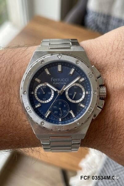 Ferrucci Gümüş Renk Erkek Kol Saati | 45 mm Çelik Kasa, Gümüş Metal Kordon, Lacivert Kadran