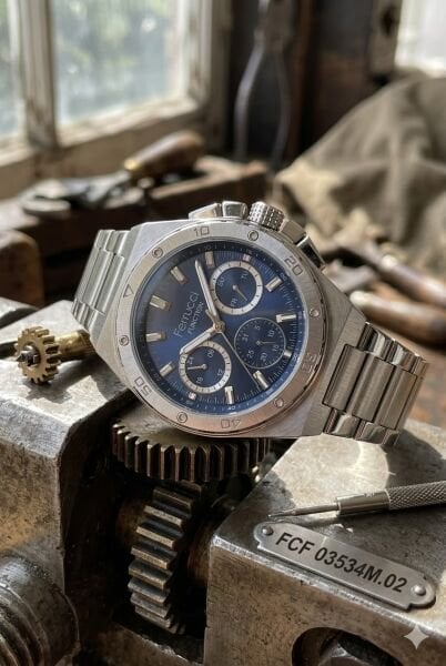 Ferrucci Gümüş Renk Erkek Kol Saati | 45 mm Çelik Kasa, Gümüş Metal Kordon, Lacivert Kadran