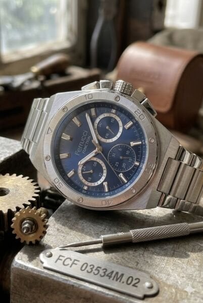 Ferrucci Gümüş Renk Erkek Kol Saati | 45 mm Çelik Kasa, Gümüş Metal Kordon, Lacivert Kadran