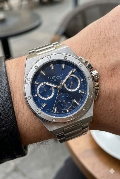 Ferrucci Gümüş Renk Erkek Kol Saati | 45 mm Çelik Kasa, Gümüş Metal Kordon, Lacivert Kadran