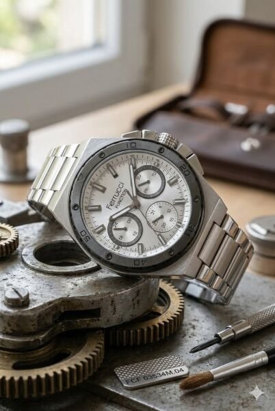 Ferrucci Modern Tasarım Erkek Kol Saati | 45 mm Çelik Kasa, Gümüş Metal Kordon, Gümüş Kadran