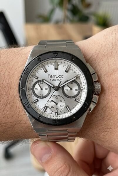 Ferrucci Modern Tasarım Erkek Kol Saati | 45 mm Çelik Kasa, Gümüş Metal Kordon, Gümüş Kadran