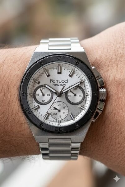 Ferrucci Modern Tasarım Erkek Kol Saati | 45 mm Çelik Kasa, Gümüş Metal Kordon, Gümüş Kadran