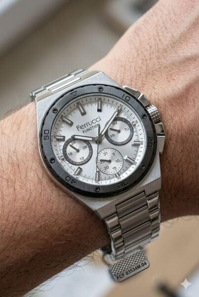 Ferrucci Modern Tasarım Erkek Kol Saati | 45 mm Çelik Kasa, Gümüş Metal Kordon, Gümüş Kadran