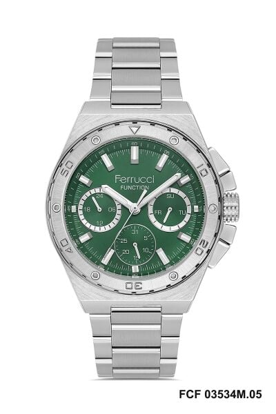 Ferrucci Güçlü Tasarım Erkek Kol Saati | 45 mm Çelik Kasa, Gümüş Metal Kordon, Yeşil Kadran