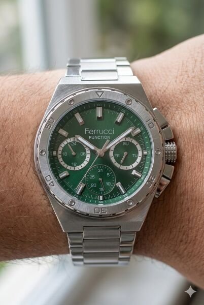 Ferrucci Güçlü Tasarım Erkek Kol Saati | 45 mm Çelik Kasa, Gümüş Metal Kordon, Yeşil Kadran