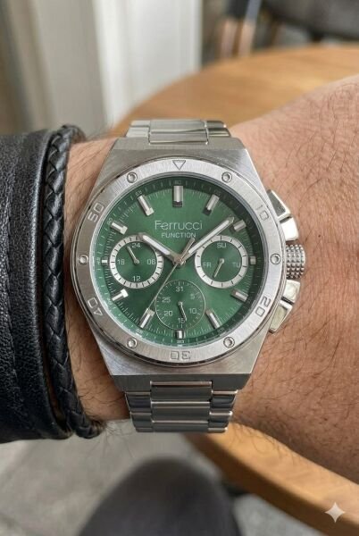 Ferrucci Güçlü Tasarım Erkek Kol Saati | 45 mm Çelik Kasa, Gümüş Metal Kordon, Yeşil Kadran