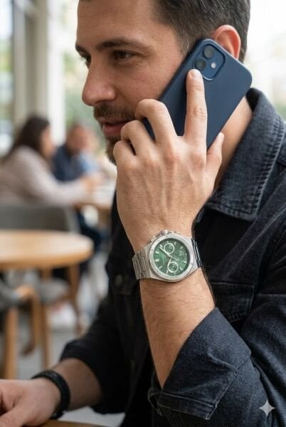 Ferrucci Güçlü Tasarım Erkek Kol Saati | 45 mm Çelik Kasa, Gümüş Metal Kordon, Yeşil Kadran