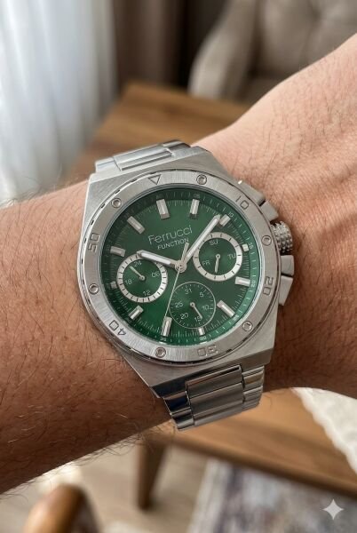 Ferrucci Güçlü Tasarım Erkek Kol Saati | 45 mm Çelik Kasa, Gümüş Metal Kordon, Yeşil Kadran
