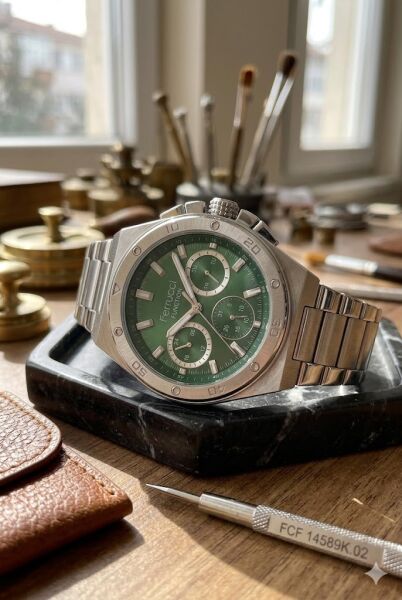 Ferrucci Güçlü Tasarım Erkek Kol Saati | 45 mm Çelik Kasa, Gümüş Metal Kordon, Yeşil Kadran
