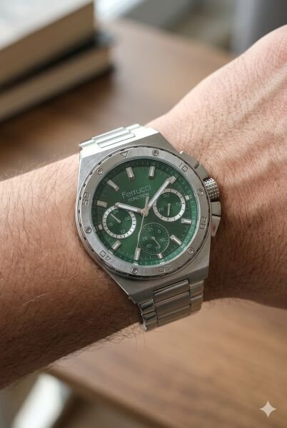 Ferrucci Güçlü Tasarım Erkek Kol Saati | 45 mm Çelik Kasa, Gümüş Metal Kordon, Yeşil Kadran