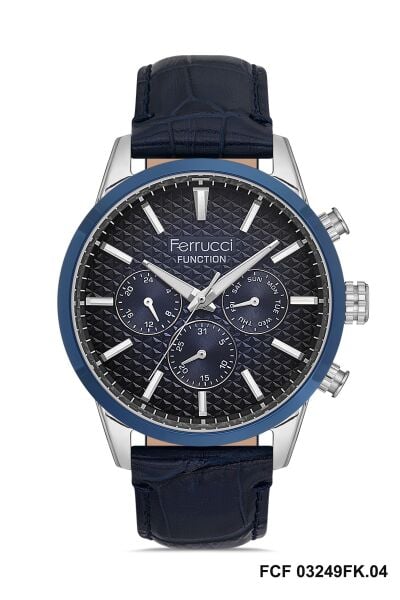 Ferrucci Gümüş Yuvarlak Kasa Erkek Kol Saati | 45 mm Çelik Kasa, Lacivert Deri Kordon, Siyah Kadran