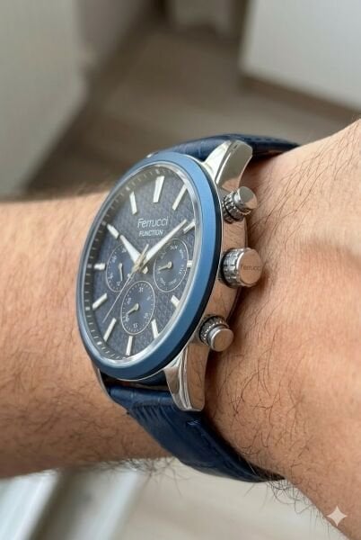 Ferrucci Gümüş Yuvarlak Kasa Erkek Kol Saati | 45 mm Çelik Kasa, Lacivert Deri Kordon, Siyah Kadran