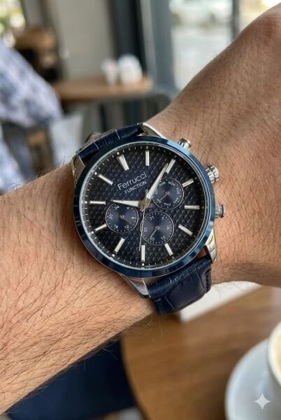 Ferrucci Gümüş Yuvarlak Kasa Erkek Kol Saati | 45 mm Çelik Kasa, Lacivert Deri Kordon, Siyah Kadran