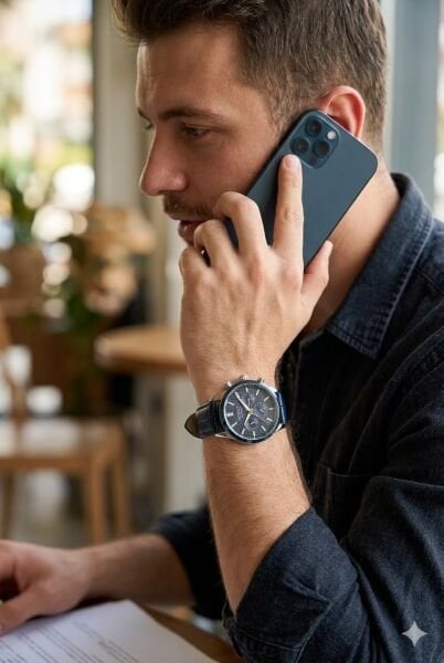 Ferrucci Gümüş Yuvarlak Kasa Erkek Kol Saati | 45 mm Çelik Kasa, Lacivert Deri Kordon, Siyah Kadran