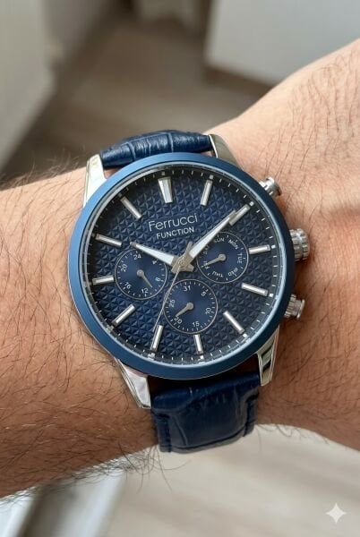 Ferrucci Gümüş Yuvarlak Kasa Erkek Kol Saati | 45 mm Çelik Kasa, Lacivert Deri Kordon, Siyah Kadran