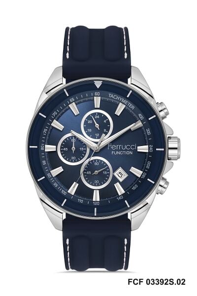 Ferrucci Sportif Erkek Kol Saati | 46 mm Çelik Kasa, Lacivert Silikon Kordon, Koyu Mavi Kadran