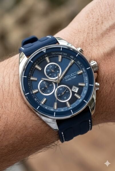 Ferrucci Sportif Erkek Kol Saati | 46 mm Çelik Kasa, Lacivert Silikon Kordon, Koyu Mavi Kadran
