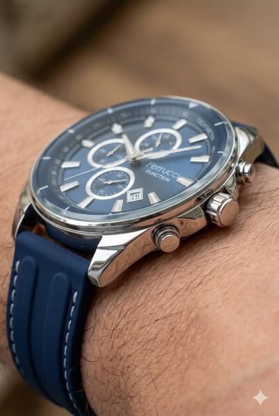Ferrucci Sportif Erkek Kol Saati | 46 mm Çelik Kasa, Lacivert Silikon Kordon, Koyu Mavi Kadran