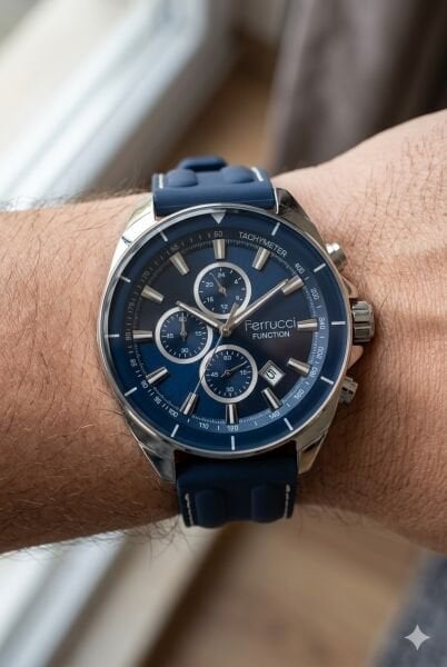 Ferrucci Sportif Erkek Kol Saati | 46 mm Çelik Kasa, Lacivert Silikon Kordon, Koyu Mavi Kadran