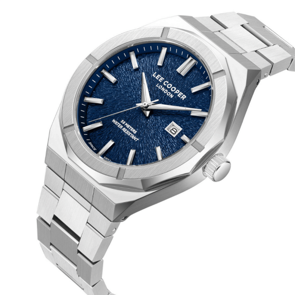Lee Cooper Gümüş Yuvarlak Kasa Erkek Kol Saati | 45 mm Çelik Kasa, Gümüş Çelik Kordon, Mavi Kadran