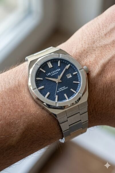 Lee Cooper Gümüş Yuvarlak Kasa Erkek Kol Saati | 45 mm Çelik Kasa, Gümüş Çelik Kordon, Mavi Kadran