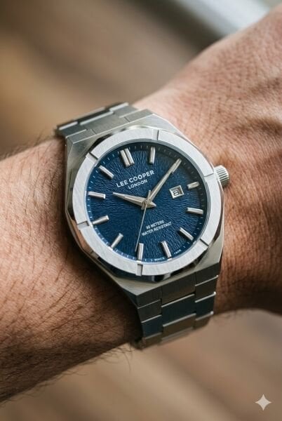 Lee Cooper Gümüş Yuvarlak Kasa Erkek Kol Saati | 45 mm Çelik Kasa, Gümüş Çelik Kordon, Mavi Kadran