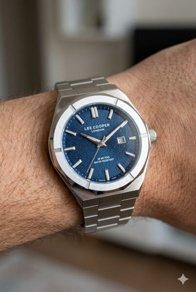 Lee Cooper Gümüş Yuvarlak Kasa Erkek Kol Saati | 45 mm Çelik Kasa, Gümüş Çelik Kordon, Mavi Kadran