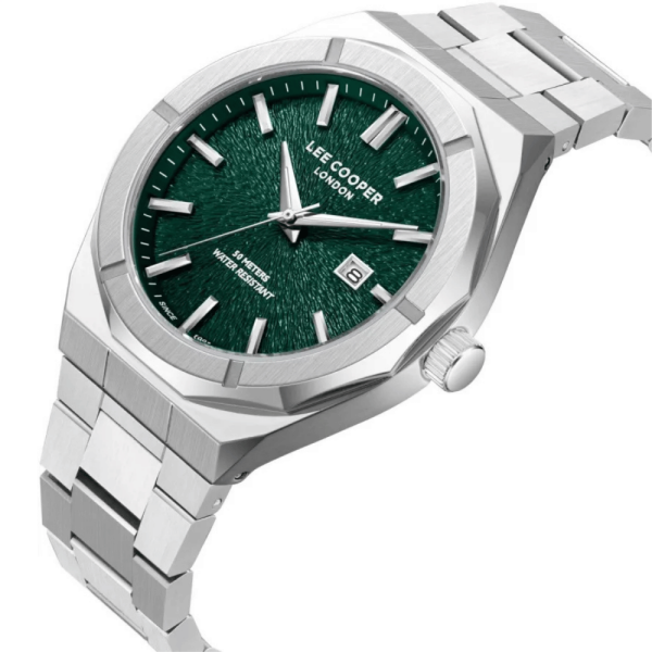 Lee Cooper Gümüş Renk Erkek Kol Saati | 45 mm Çelik Kasa, Gümüş Çelik Kordon, Yeşil Kadran