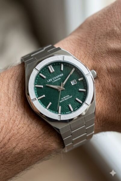 Lee Cooper Gümüş Renk Erkek Kol Saati | 45 mm Çelik Kasa, Gümüş Çelik Kordon, Yeşil Kadran