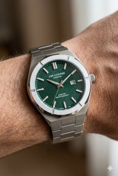 Lee Cooper Gümüş Renk Erkek Kol Saati | 45 mm Çelik Kasa, Gümüş Çelik Kordon, Yeşil Kadran