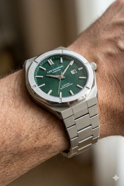 Lee Cooper Gümüş Renk Erkek Kol Saati | 45 mm Çelik Kasa, Gümüş Çelik Kordon, Yeşil Kadran