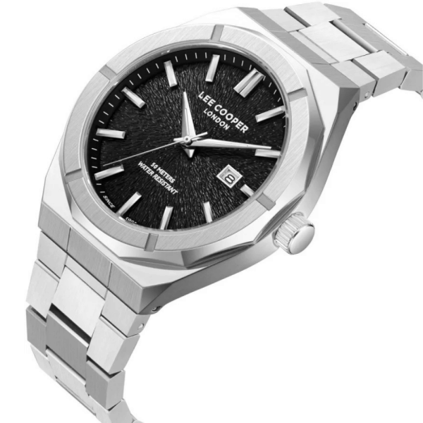 Lee Cooper Gümüş Yuvarlak Kasa Erkek Kol Saati | 45 mm Çelik Kasa, Gümüş Çelik Kordon, Siyah Kadran