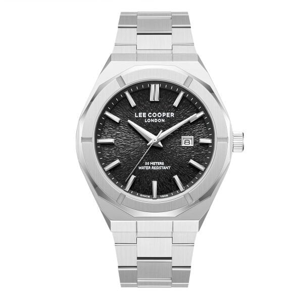 Lee Cooper Gümüş Yuvarlak Kasa Erkek Kol Saati | 45 mm Çelik Kasa, Gümüş Çelik Kordon, Siyah Kadran