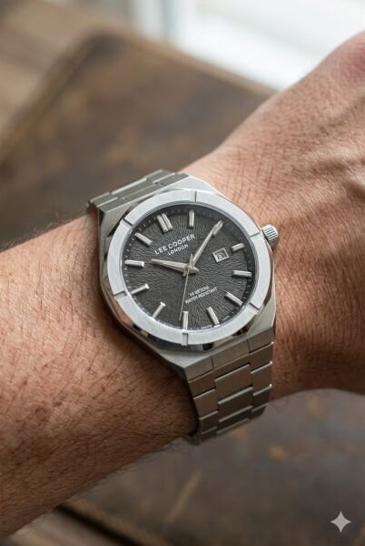 Lee Cooper Gümüş Yuvarlak Kasa Erkek Kol Saati | 45 mm Çelik Kasa, Gümüş Çelik Kordon, Siyah Kadran