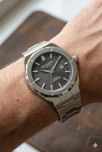 Lee Cooper Gümüş Yuvarlak Kasa Erkek Kol Saati | 45 mm Çelik Kasa, Gümüş Çelik Kordon, Siyah Kadran