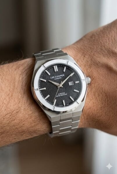 Lee Cooper Gümüş Yuvarlak Kasa Erkek Kol Saati | 45 mm Çelik Kasa, Gümüş Çelik Kordon, Siyah Kadran