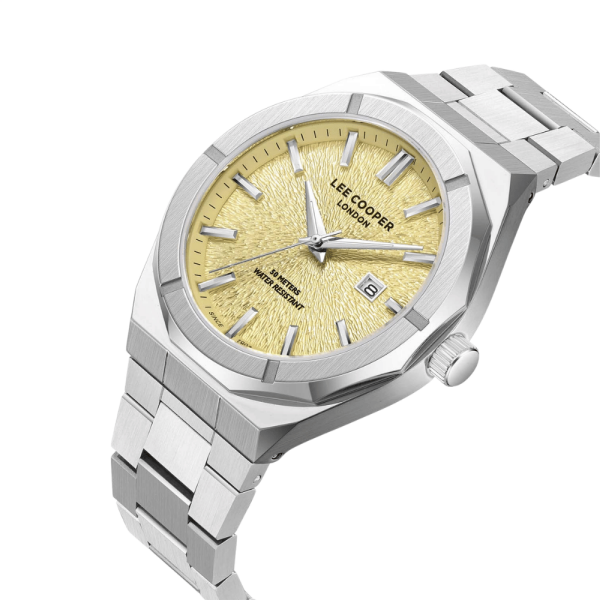 Lee Cooper Gümüş Renk Erkek Kol Saati | 45 mm Çelik Kasa, Gümüş Çelik Kordon, Altın Kadran
