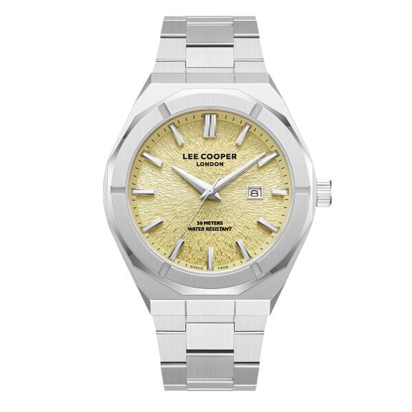 Lee Cooper Gümüş Renk Erkek Kol Saati | 45 mm Çelik Kasa, Gümüş Çelik Kordon, Altın Kadran