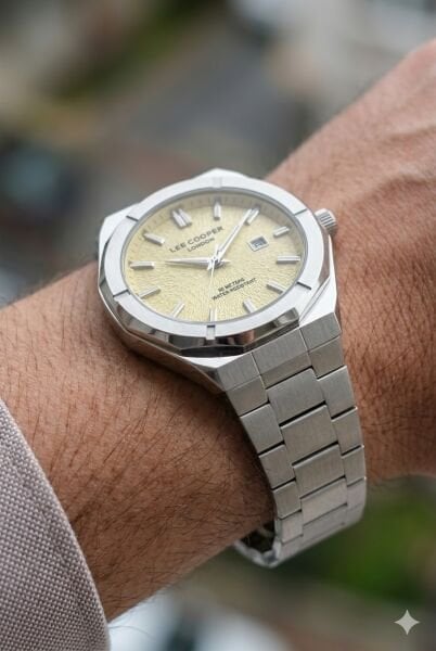 Lee Cooper Gümüş Renk Erkek Kol Saati | 45 mm Çelik Kasa, Gümüş Çelik Kordon, Altın Kadran