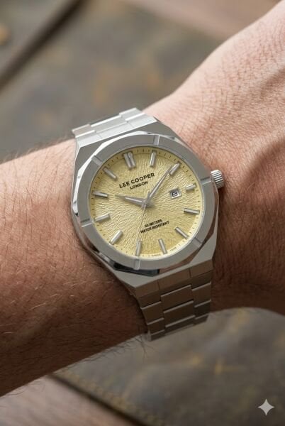 Lee Cooper Gümüş Renk Erkek Kol Saati | 45 mm Çelik Kasa, Gümüş Çelik Kordon, Altın Kadran