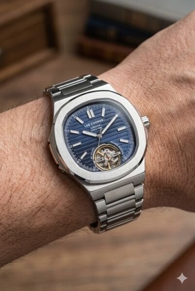 Lee Cooper Otomatik Mekanizma Erkek Kol Saati | 42 mm Çelik Kasa, Gümüş Çelik Kordon, Mavi Kadran