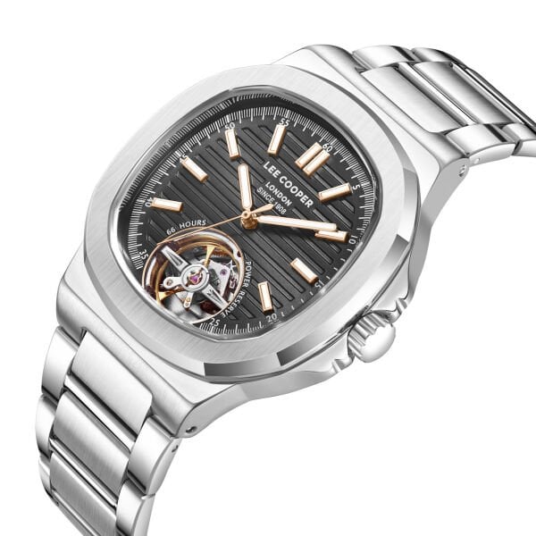 Lee Cooper Otomatik Mekanizma Erkek Kol Saati | 42 mm Çelik Kasa, Gümüş Çelik Kordon, Siyah Kadran