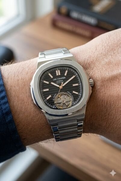 Lee Cooper Otomatik Mekanizma Erkek Kol Saati | 42 mm Çelik Kasa, Gümüş Çelik Kordon, Siyah Kadran