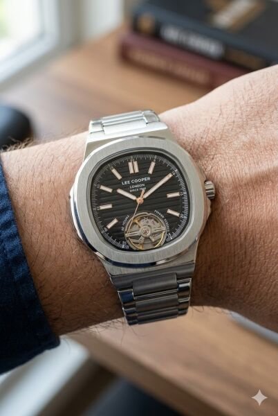 Lee Cooper Otomatik Mekanizma Erkek Kol Saati | 42 mm Çelik Kasa, Gümüş Çelik Kordon, Siyah Kadran